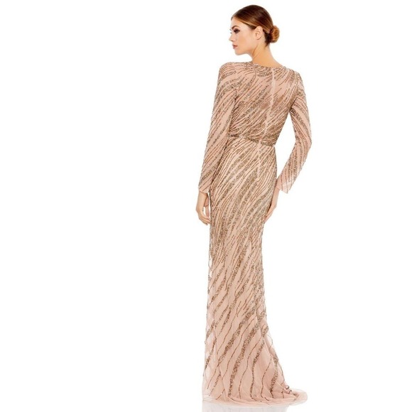 Mac Duggal Size 10 $598 NWT Long Sleeve Heavily Beaded Column Gown Mocha - Picture 2 of 12